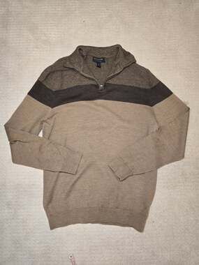 Banana Republic Men’s L Merino Wool Colorblock Brown/Beige 1/4 Zip Sweater